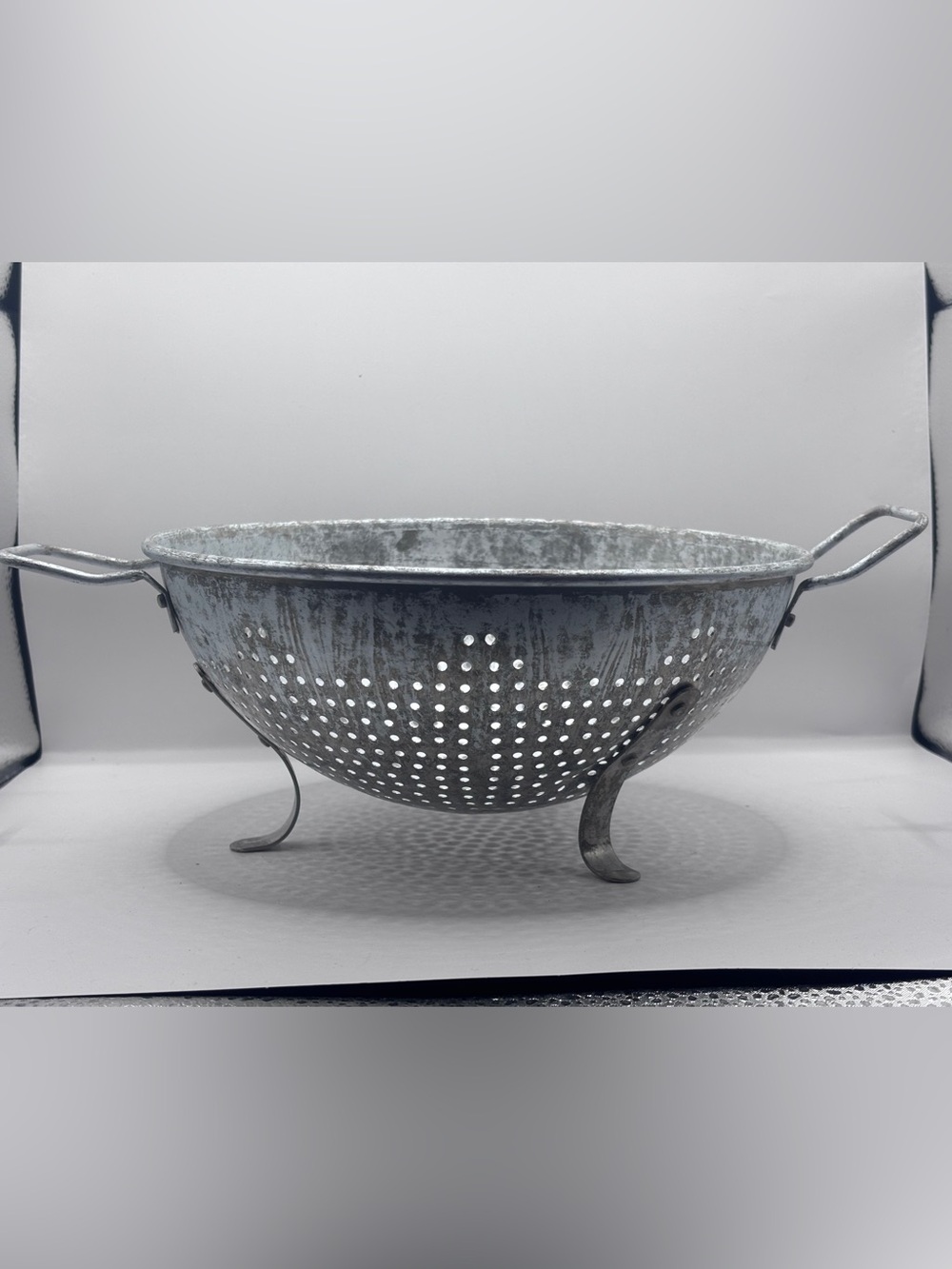 Vintage Galvanized Metal Colander with Legs and Handles - Silver